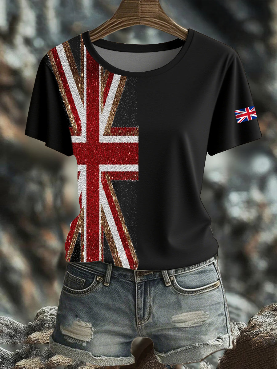 Women's British imitation diamond hot-drilling Printed short-sleeved T-shirt vetvanguards