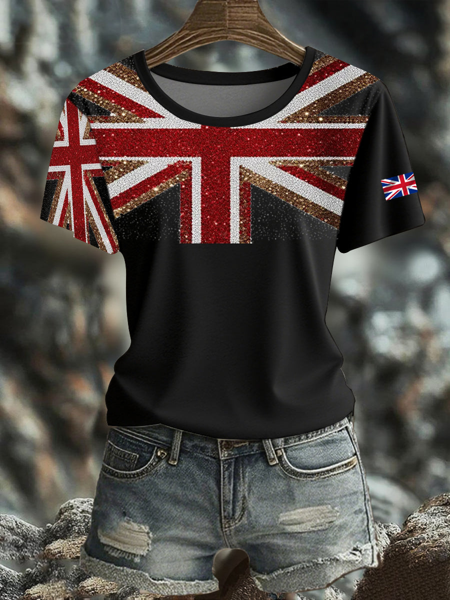 Women's British imitation diamond hot-drilling Printed short-sleeved T-shirt vetvanguards