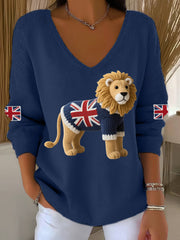 Women's Union Jack Lion Print Casual Long-Sleeve Top vetvanguards