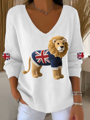 Women's Union Jack Lion Print Casual Long-Sleeve Top vetvanguards