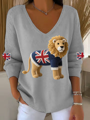 Women's Union Jack Lion Print Casual Long-Sleeve Top vetvanguards