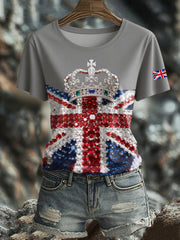 Women's British imitation diamond hot-drilling Printed short-sleeved T-shirt vetvanguards