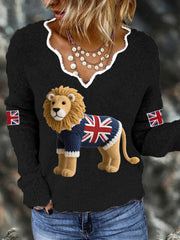 Women's Union Jack Lion Print Casual Long Sleeve Top vetvanguards