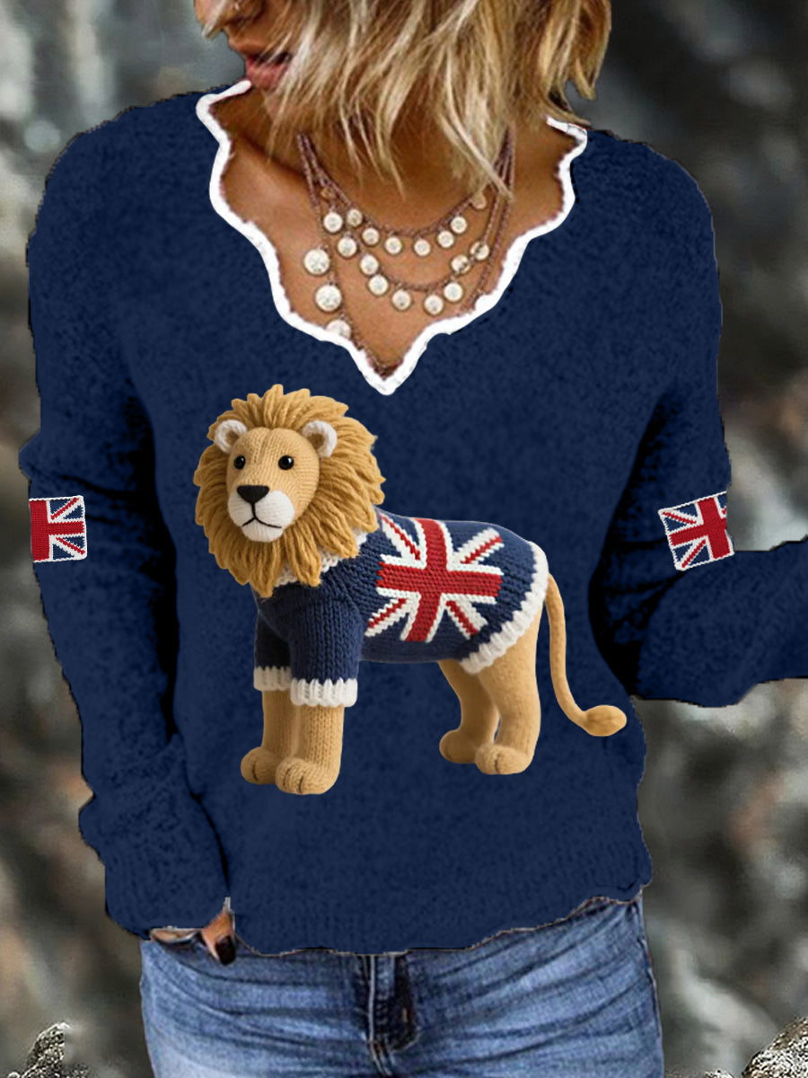 Women's Union Jack Lion Print Casual Long Sleeve Top vetvanguards