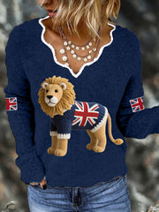 Women's Union Jack Lion Print Casual Long Sleeve Top vetvanguards