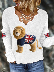 Women's Union Jack Lion Print Casual Long Sleeve Top vetvanguards