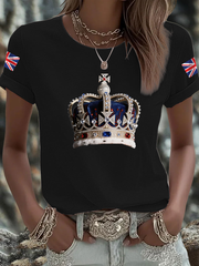 Women's British imitation diamond hot-drilling Printed Iron On Short Sleeve T-Shirt vetvanguards
