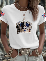Women's British imitation diamond hot-drilling Printed Iron On Short Sleeve T-Shirt vetvanguards