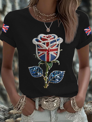 Women's British imitation diamond hot-drilling Printed Iron On Short Sleeve T-Shirt vetvanguards