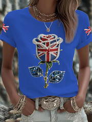 Women's British imitation diamond hot-drilling Printed Iron On Short Sleeve T-Shirt vetvanguards