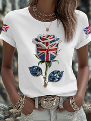Women's British imitation diamond hot-drilling Printed Iron On Short Sleeve T-Shirt vetvanguards