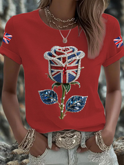 Women's British imitation diamond hot-drilling Printed Iron On Short Sleeve T-Shirt vetvanguards