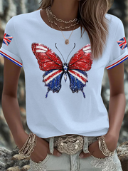Women's British imitation diamond hot-drilling Printed short-sleeved T-shirt vetvanguards