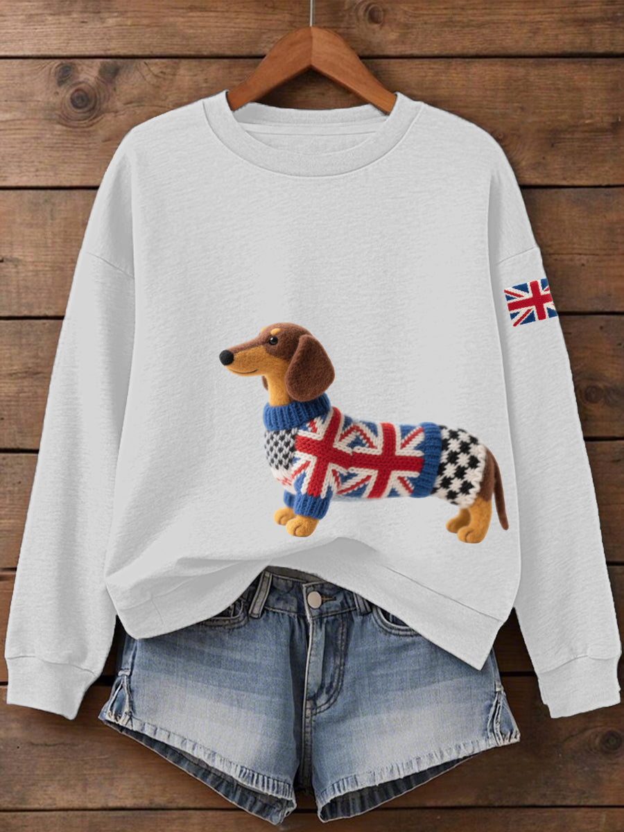 Women's UK Flag Dachshund Print Sweatshirt vetvanguards