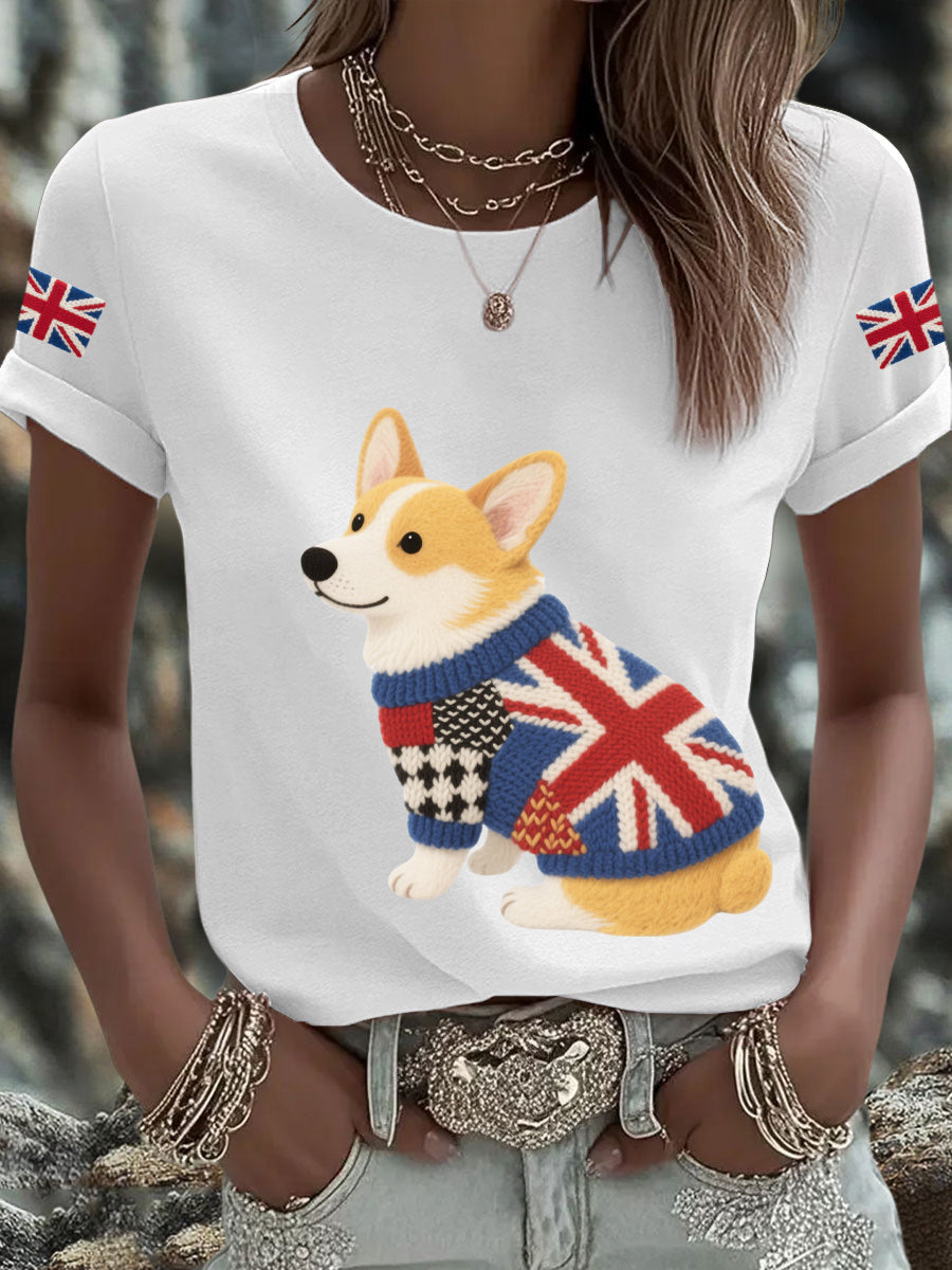 Women's UK Flag Corgi Printed T-shirt vetvanguards