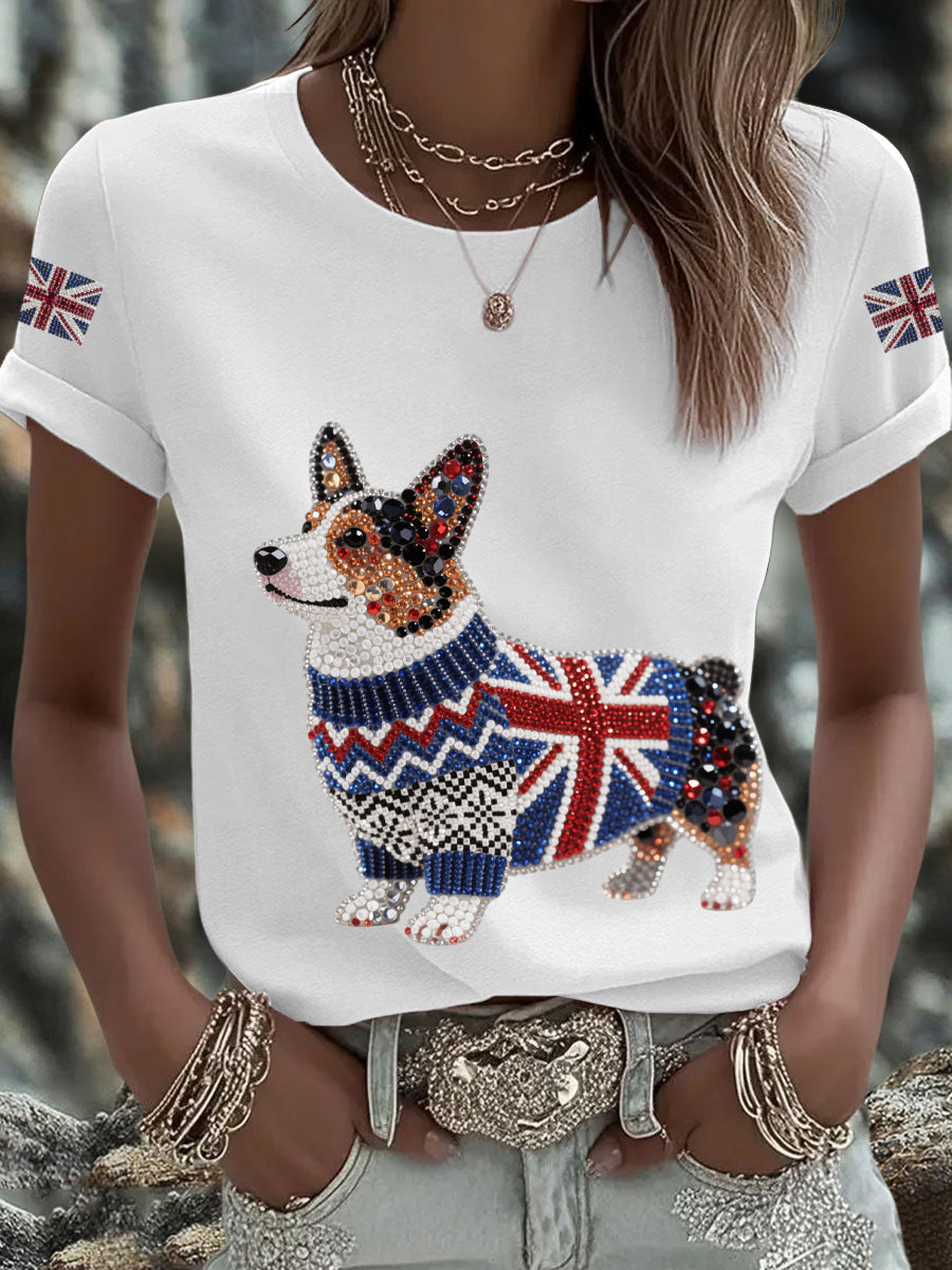 Women's UK Flag Corgi Printed T-shirt vetvanguards