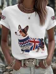 Women's UK Flag Corgi Printed T-shirt vetvanguards