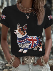 Women's UK Flag Corgi Printed T-shirt vetvanguards