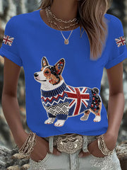 Women's UK Flag Corgi Printed T-shirt vetvanguards