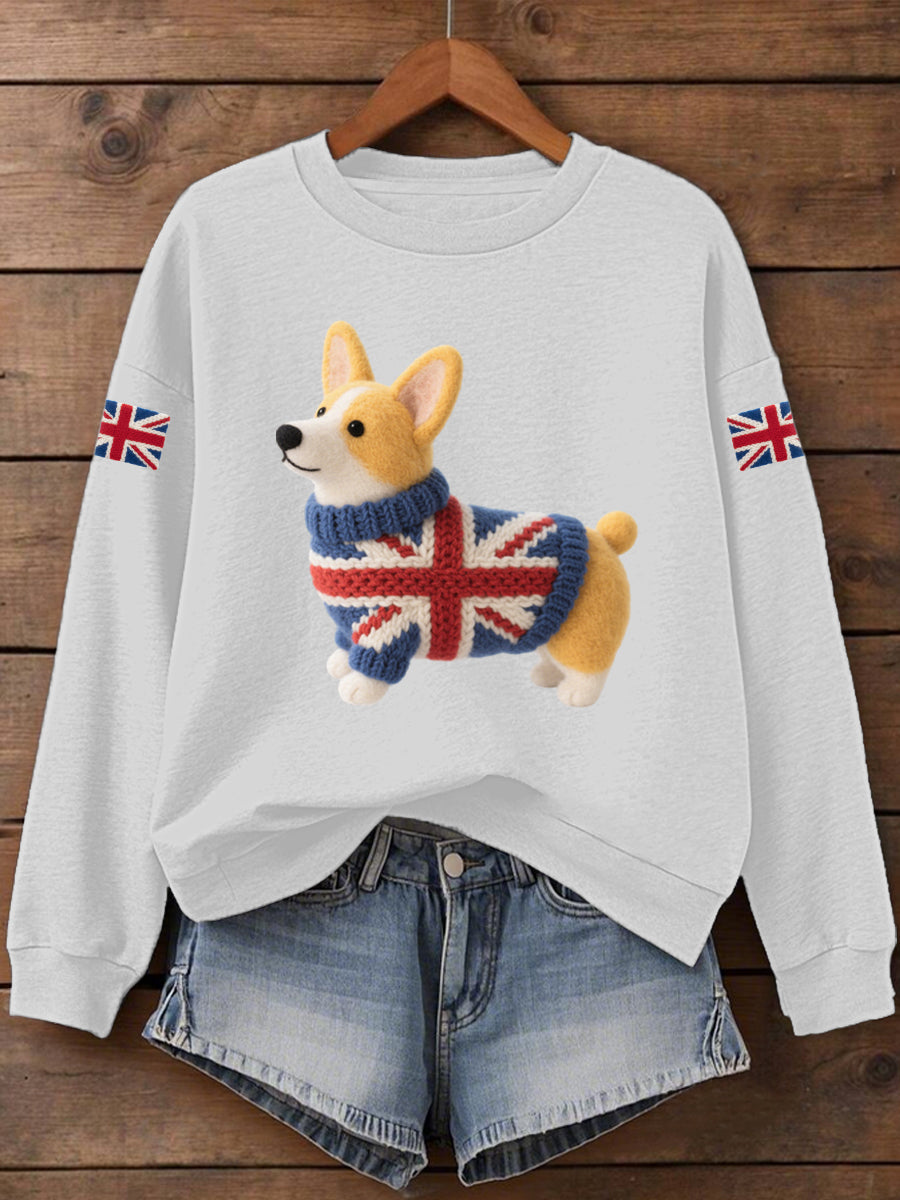 Women's UK Flag Corgi Print Sweatshirt vetvanguards