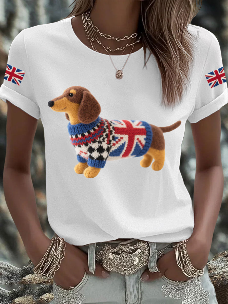 Women's UK Flag Dachshund Printed T-shirt vetvanguards