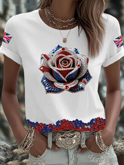 Women's British imitation diamond hot-drilling Printed short-sleeved T-shirt vetvanguards