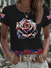 Women's British imitation diamond hot-drilling Printed short-sleeved T-shirt vetvanguards