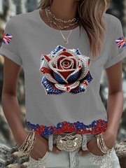 Women's British imitation diamond hot-drilling Printed short-sleeved T-shirt vetvanguards
