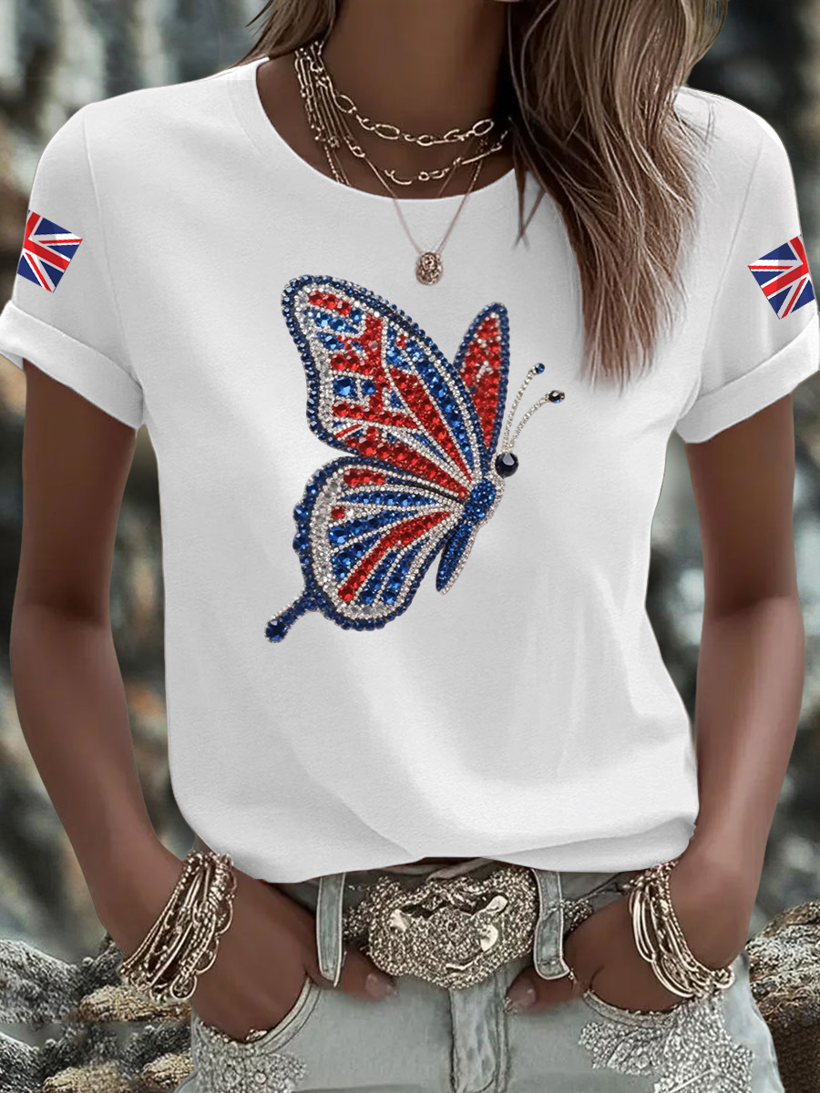 Women's British imitation diamond hot-drilling Printed short-sleeved T-shirt vetvanguards