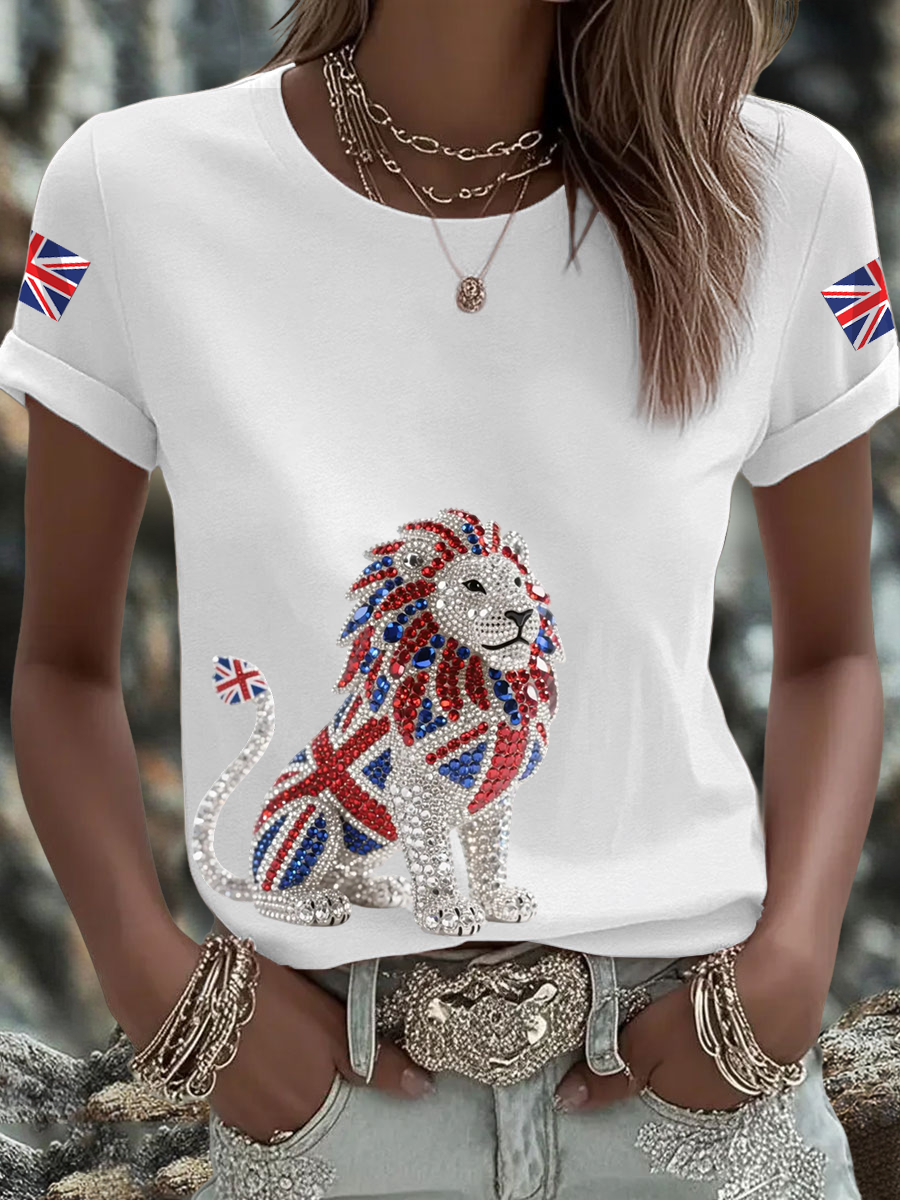Women's British imitation diamond hot-drilling Printed short-sleeved T-shirt vetvanguards