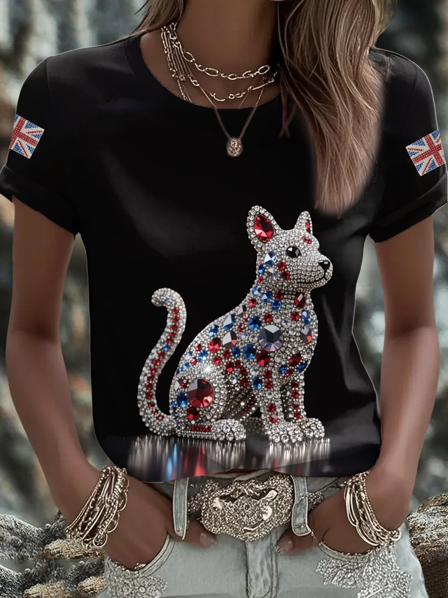 Women's British imitation diamond hot-drilling Printed short-sleeved T-shirt vetvanguards