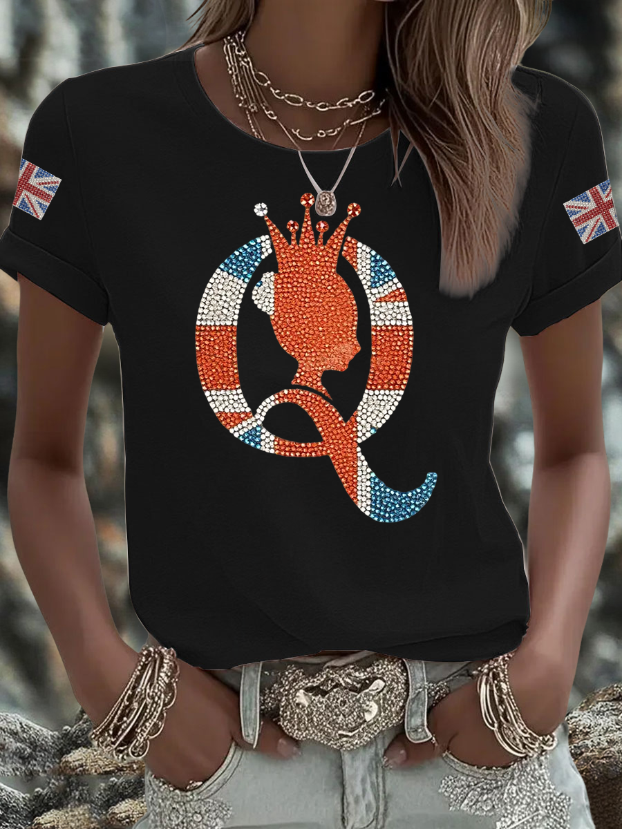 Women's British imitation diamond hot-drilling Printed Iron On Short Sleeve T-Shirt vetvanguards