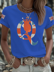 Women's British imitation diamond hot-drilling Printed Iron On Short Sleeve T-Shirt vetvanguards