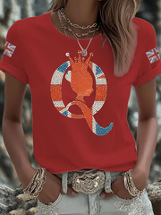 Women's British imitation diamond hot-drilling Printed Iron On Short Sleeve T-Shirt vetvanguards