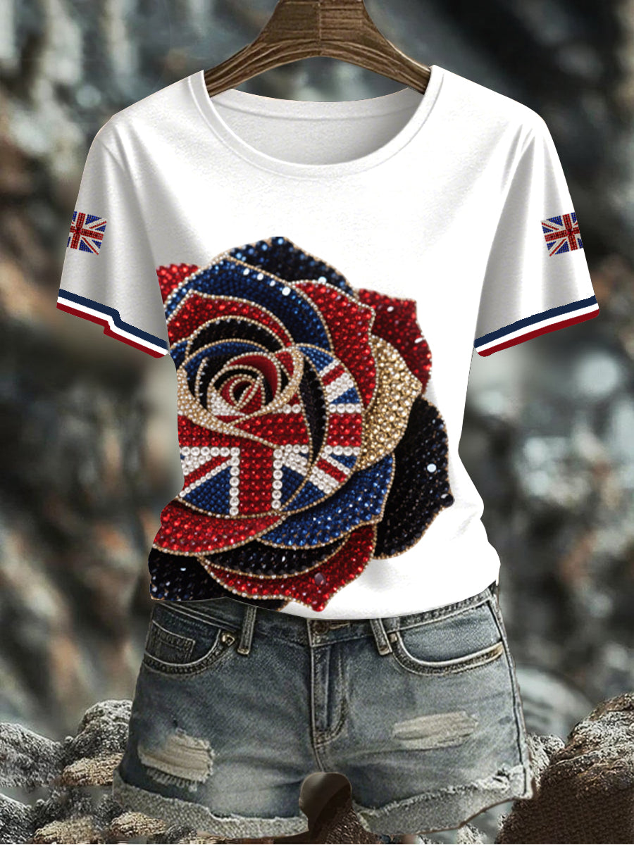 Women's British imitation diamond hot-drilling Printed Iron On Short Sleeve T-Shirt vetvanguards