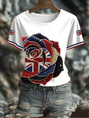 Women's British imitation diamond hot-drilling Printed Iron On Short Sleeve T-Shirt vetvanguards