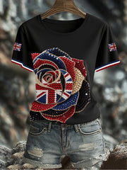 Women's British imitation diamond hot-drilling Printed Iron On Short Sleeve T-Shirt vetvanguards