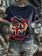 Women's British imitation diamond hot-drilling Printed Iron On Short Sleeve T-Shirt vetvanguards