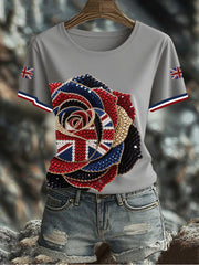Women's British imitation diamond hot-drilling Printed Iron On Short Sleeve T-Shirt vetvanguards