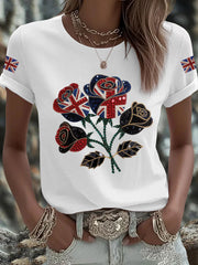 Women's British imitation diamond hot-drilling Printed Iron On Short Sleeve T-Shirt vetvanguards