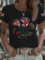 Women's British imitation diamond hot-drilling Printed Iron On Short Sleeve T-Shirt vetvanguards