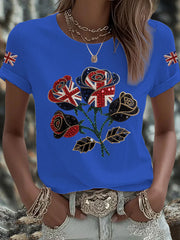 Women's British imitation diamond hot-drilling Printed Iron On Short Sleeve T-Shirt vetvanguards