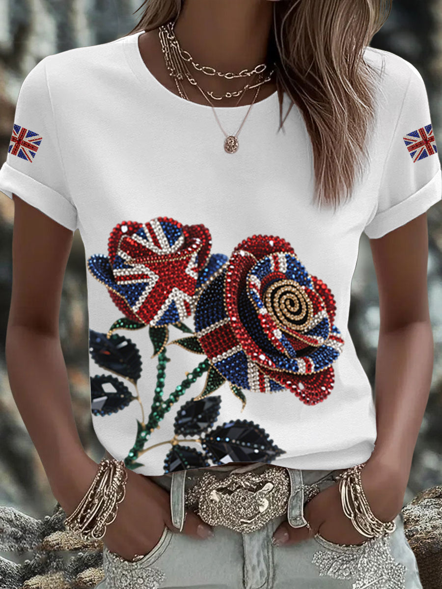 Women's British imitation diamond hot-drilling Printed Iron On Short Sleeve T-Shirt vetvanguards