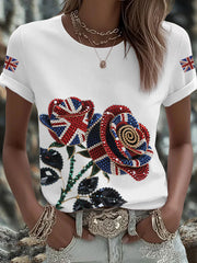 Women's British imitation diamond hot-drilling Printed Iron On Short Sleeve T-Shirt vetvanguards