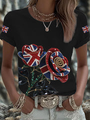 Women's British imitation diamond hot-drilling Printed Iron On Short Sleeve T-Shirt vetvanguards