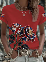 Women's British imitation diamond hot-drilling Printed Iron On Short Sleeve T-Shirt vetvanguards