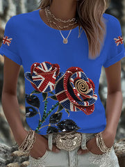 Women's British imitation diamond hot-drilling Printed Iron On Short Sleeve T-Shirt vetvanguards