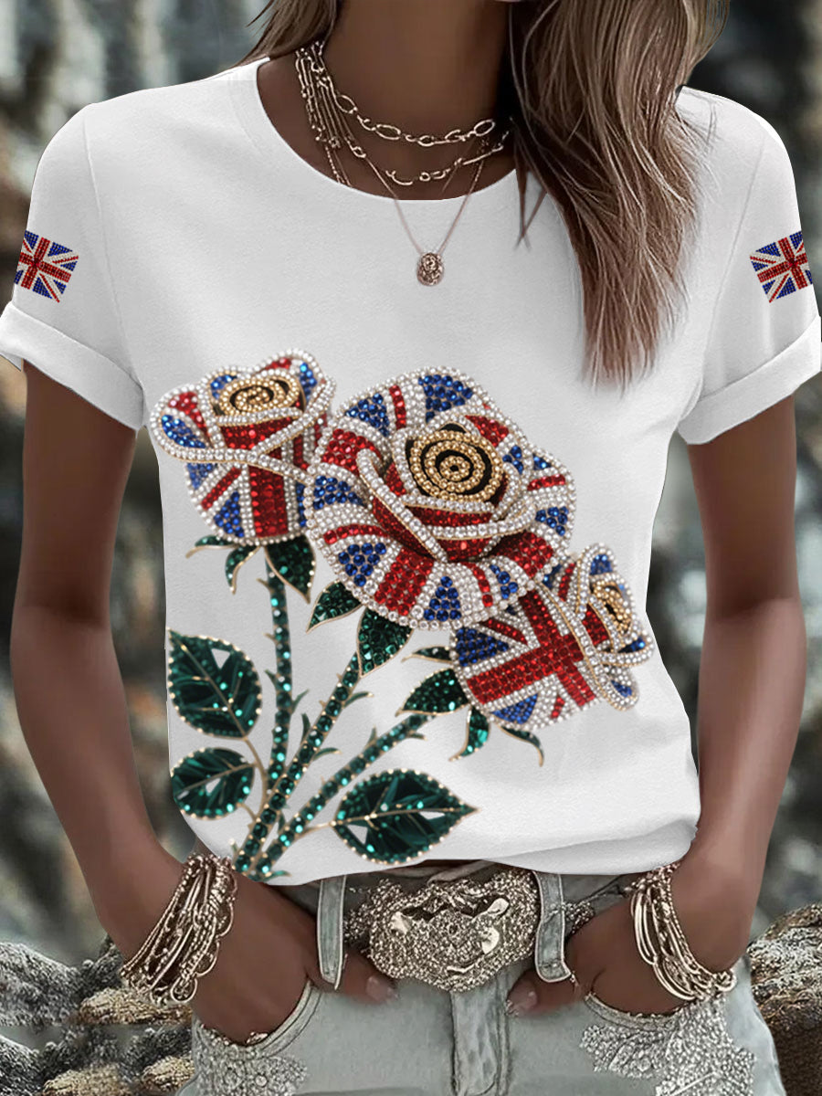 Women's British imitation diamond hot-drilling Printed Iron On Short Sleeve T-Shirt vetvanguards