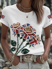 Women's British imitation diamond hot-drilling Printed Iron On Short Sleeve T-Shirt vetvanguards