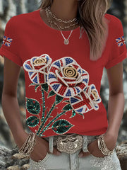 Women's British imitation diamond hot-drilling Printed Iron On Short Sleeve T-Shirt vetvanguards